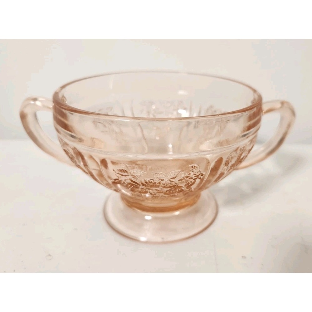 Vtg Federal Glass Sharon Cabbage Rose Pink‎ Open Sugar Bowl Depression Glass USA